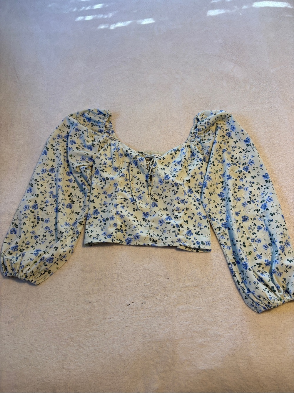 Abercrombie & Fitch Blue Floral Puff-Sleeve Crop Top